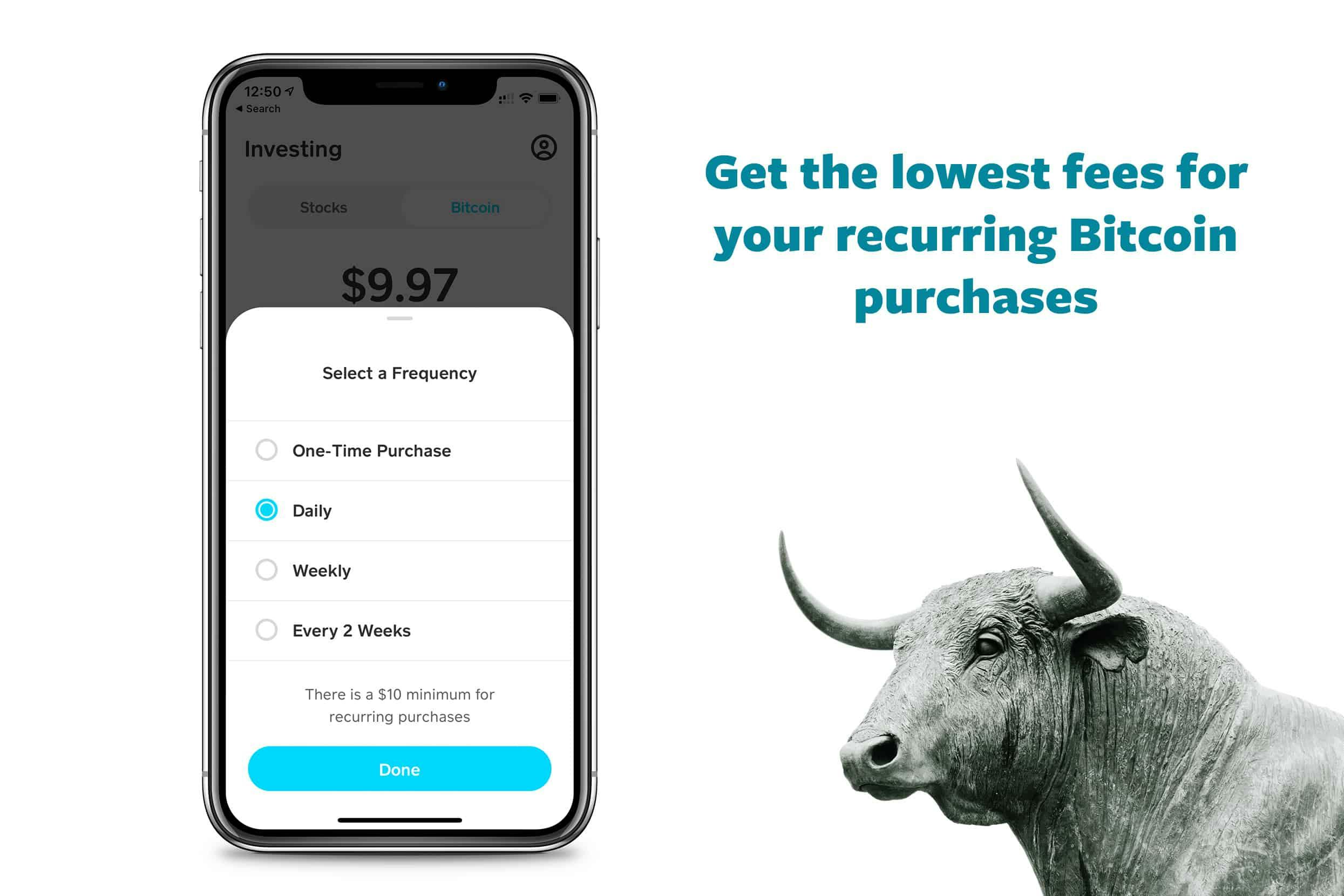 image of smart phone buying bitcoin and a bull